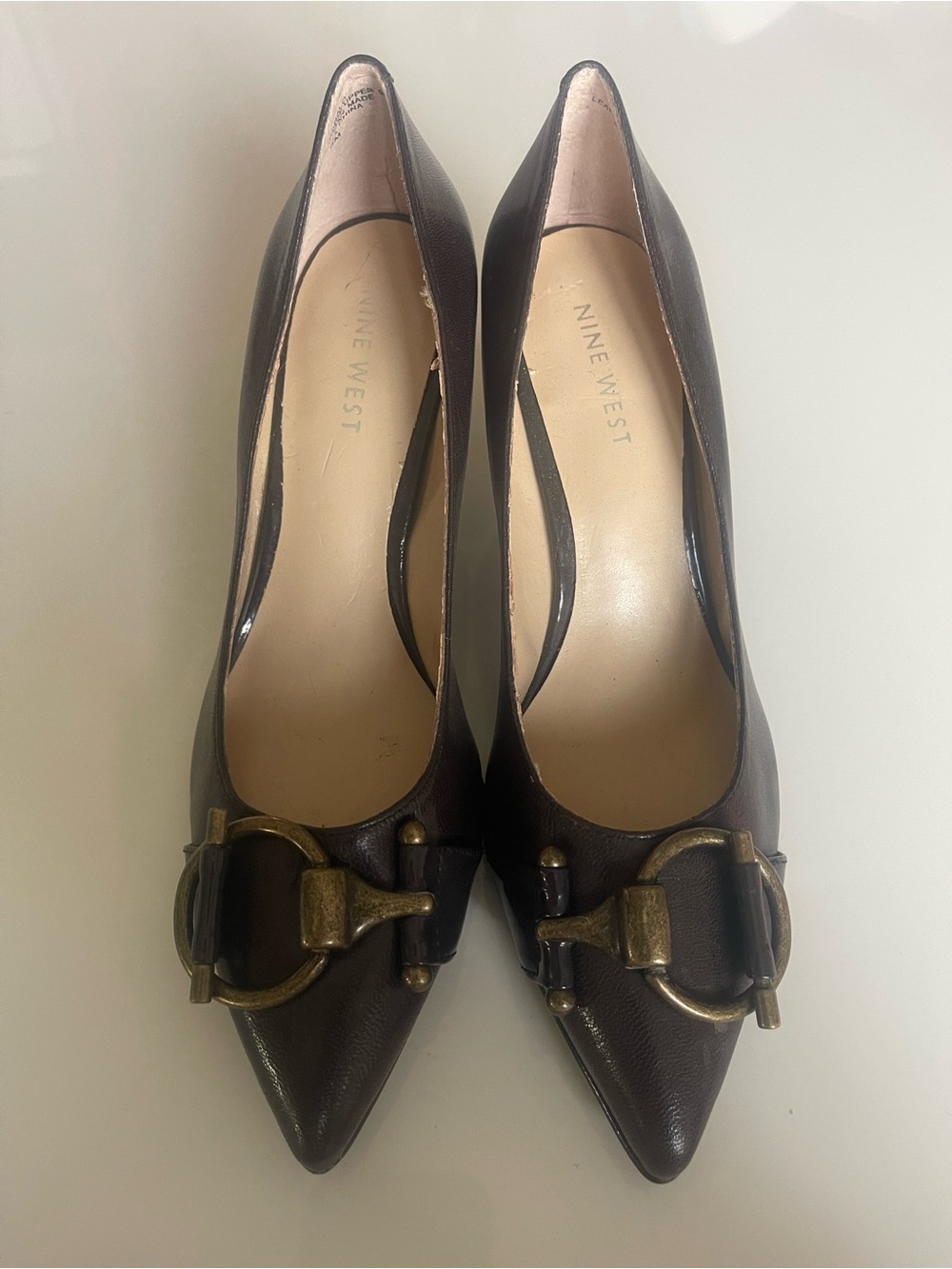 Nine West Brown Leather Pointed Heels with Brass Buckle